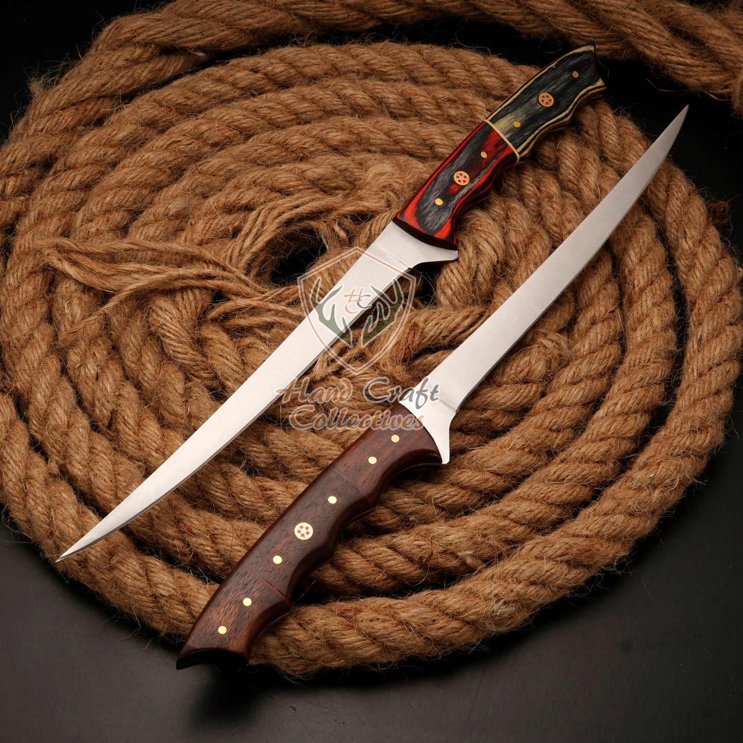 Handmade Stainless Steel Fillet Knife – 12"&13" with Pakka Wood And Rose Wood Handle & Leather Sheath -F-11+F-12