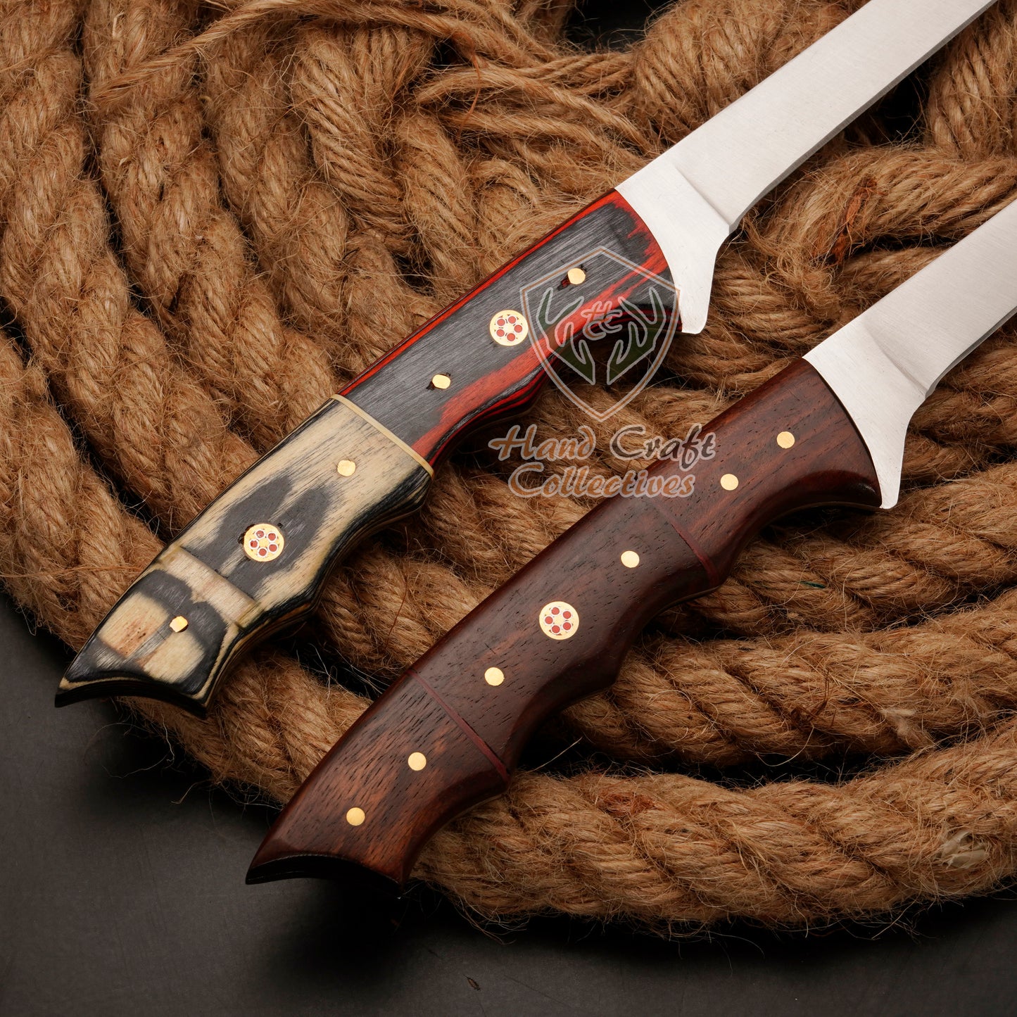 Handmade Stainless Steel Fillet Knife – 12"&13" with Pakka Wood And Rose Wood Handle & Leather Sheath -F-11+F-12