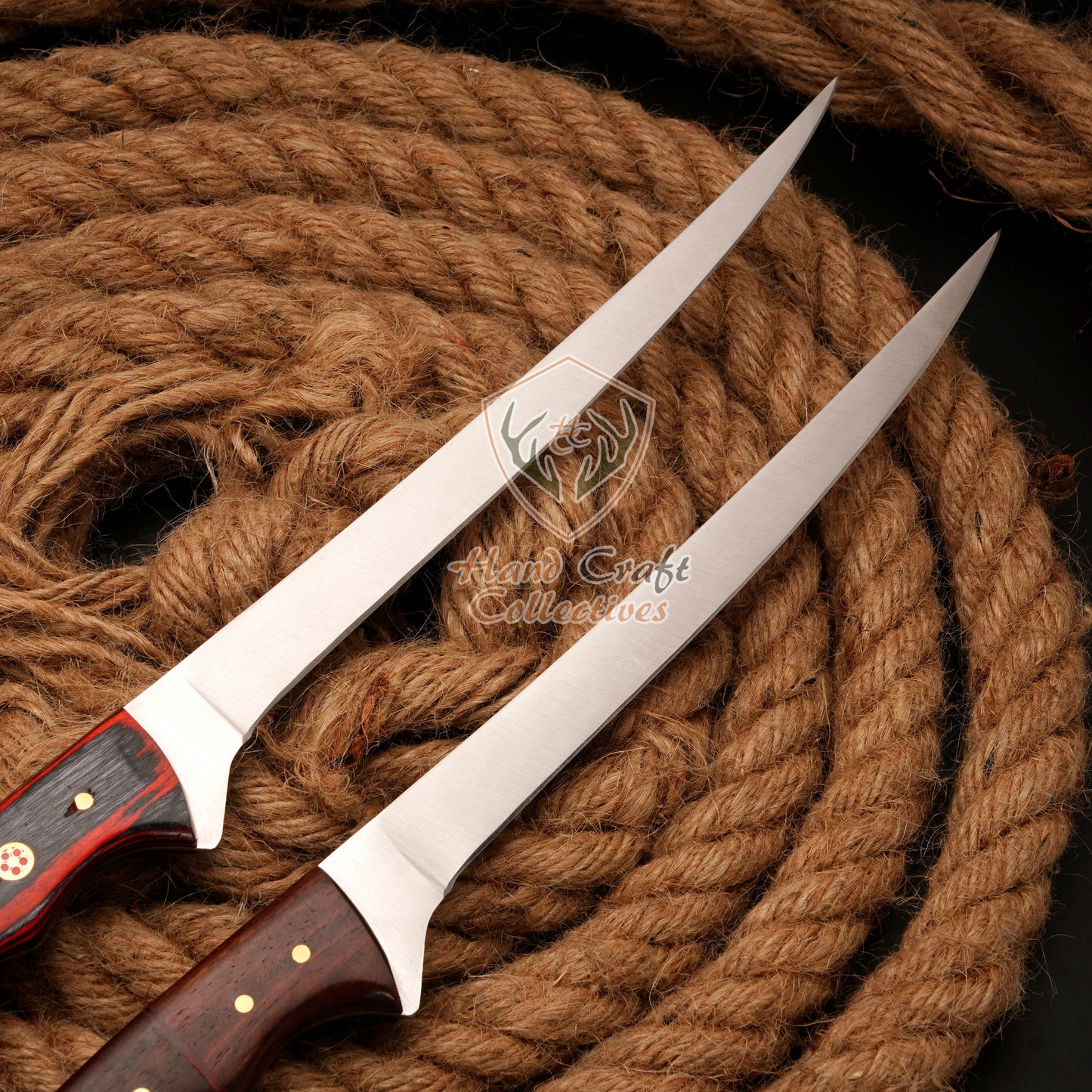Handmade Stainless Steel Fillet Knife – 12"&13" with Pakka Wood And Rose Wood Handle & Leather Sheath -F-11+F-12