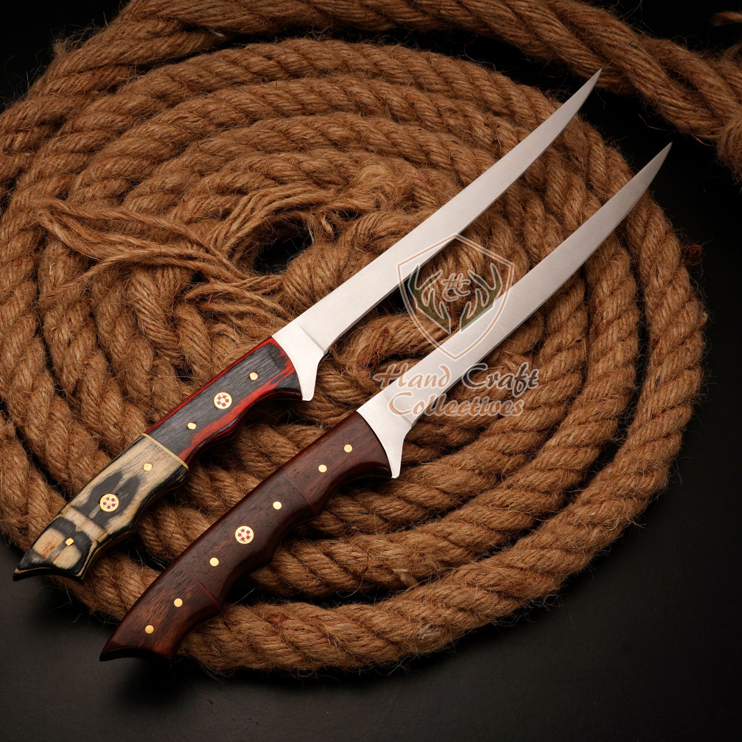 Handmade Stainless Steel Fillet Knife – 12"&13" with Pakka Wood And Rose Wood Handle & Leather Sheath -F-11+F-12