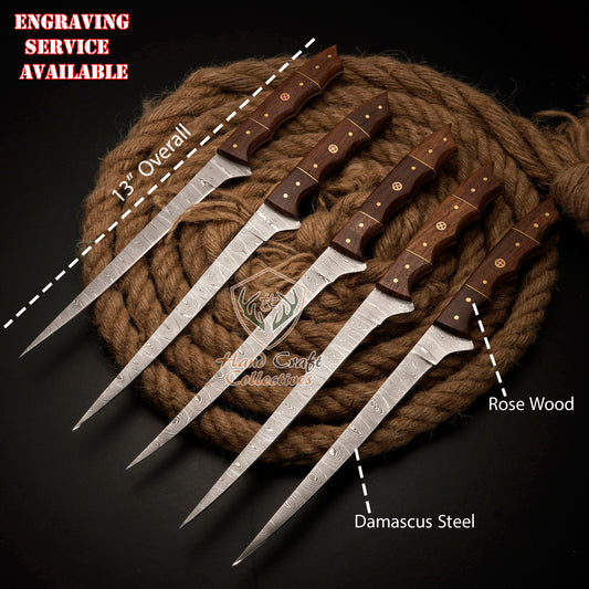 Handmade Damascus Steel Fillet Knife Set – 13" with Rose Wood Handle & Leather Sheath -F-9 5 PC SET