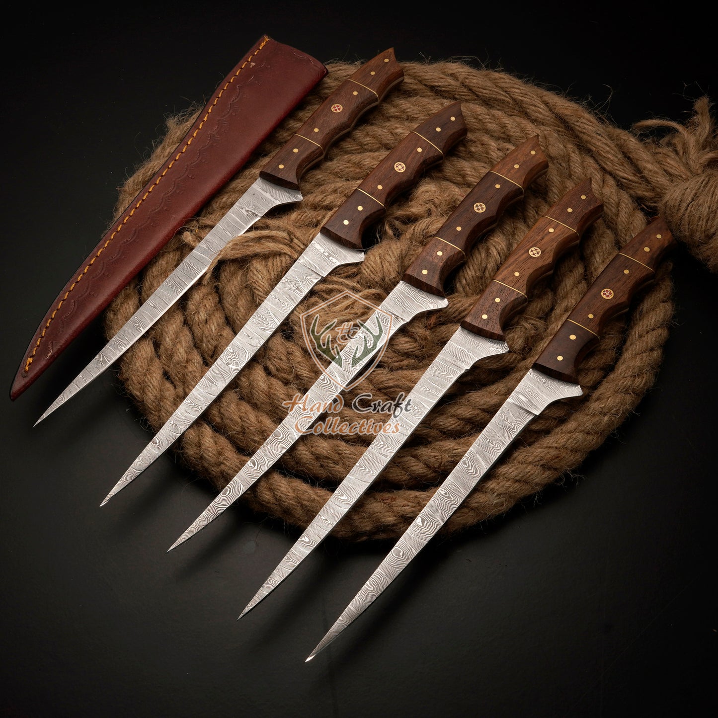 Handmade Damascus Steel Fillet Knife Set – 13" with Rose Wood Handle & Leather Sheath -F-9 5 PC SET