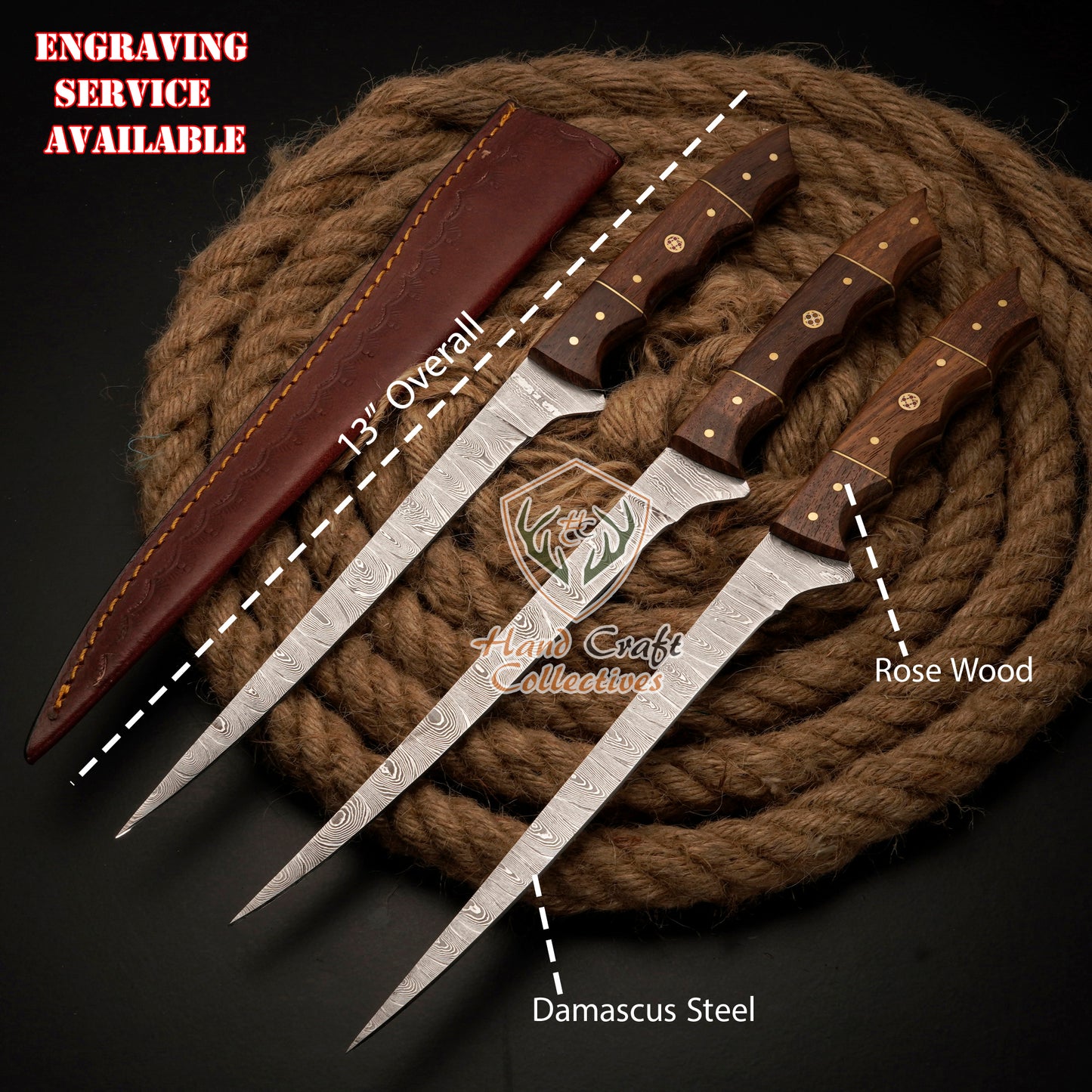 Handmade Damascus Steel Fillet Knife – 13" with Rose WoodHandle & Leather Sheath -F-9 3 PC SET