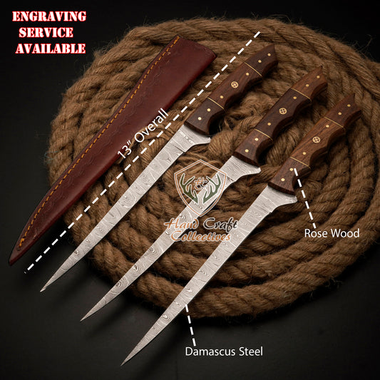 Handmade Damascus Steel Fillet Knife – 13" with Rose WoodHandle & Leather Sheath -F-9 3 PC SET