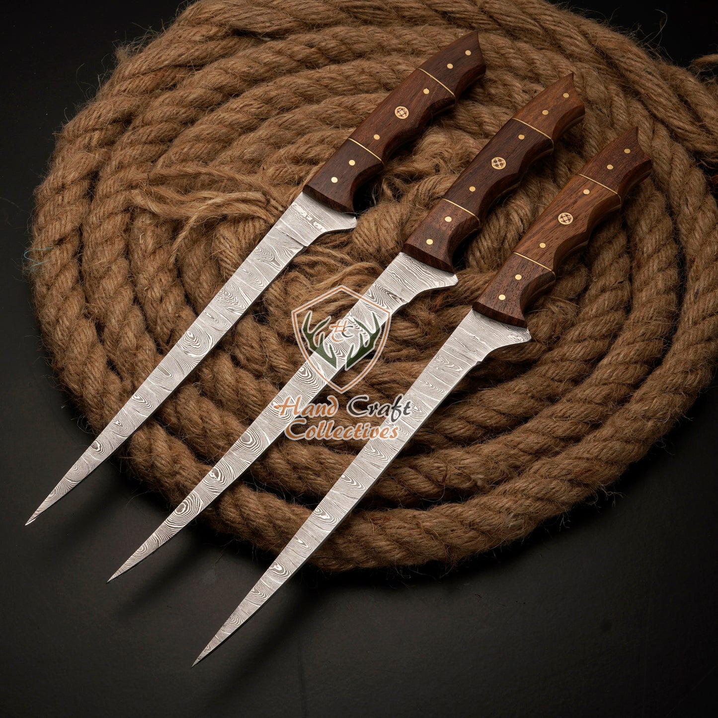 Handmade Damascus Steel Fillet Knife – 13" with Rose WoodHandle & Leather Sheath -F-9 3 PC SET