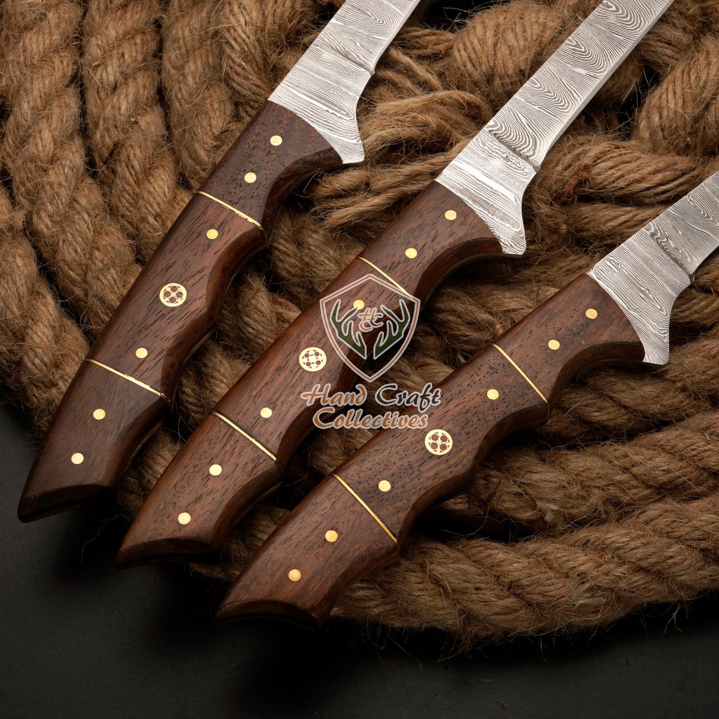 Handmade Damascus Steel Fillet Knife – 13" with Rose WoodHandle & Leather Sheath -F-9 3 PC SET