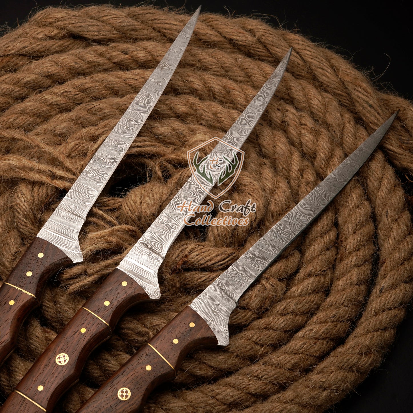 Handmade Damascus Steel Fillet Knife – 13" with Rose WoodHandle & Leather Sheath -F-9 3 PC SET