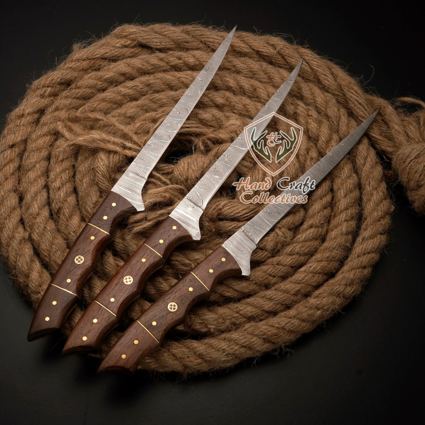Handmade Damascus Steel Fillet Knife – 13" with Rose WoodHandle & Leather Sheath -F-9 3 PC SET