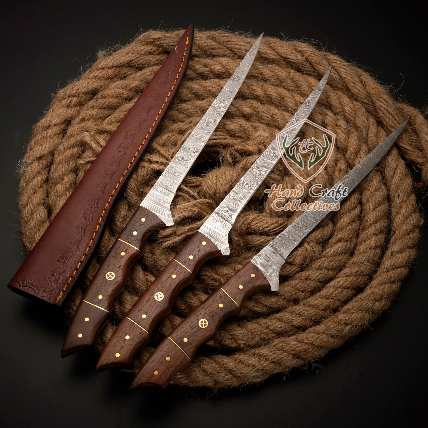 Handmade Damascus Steel Fillet Knife – 13" with Rose WoodHandle & Leather Sheath -F-9 3 PC SET