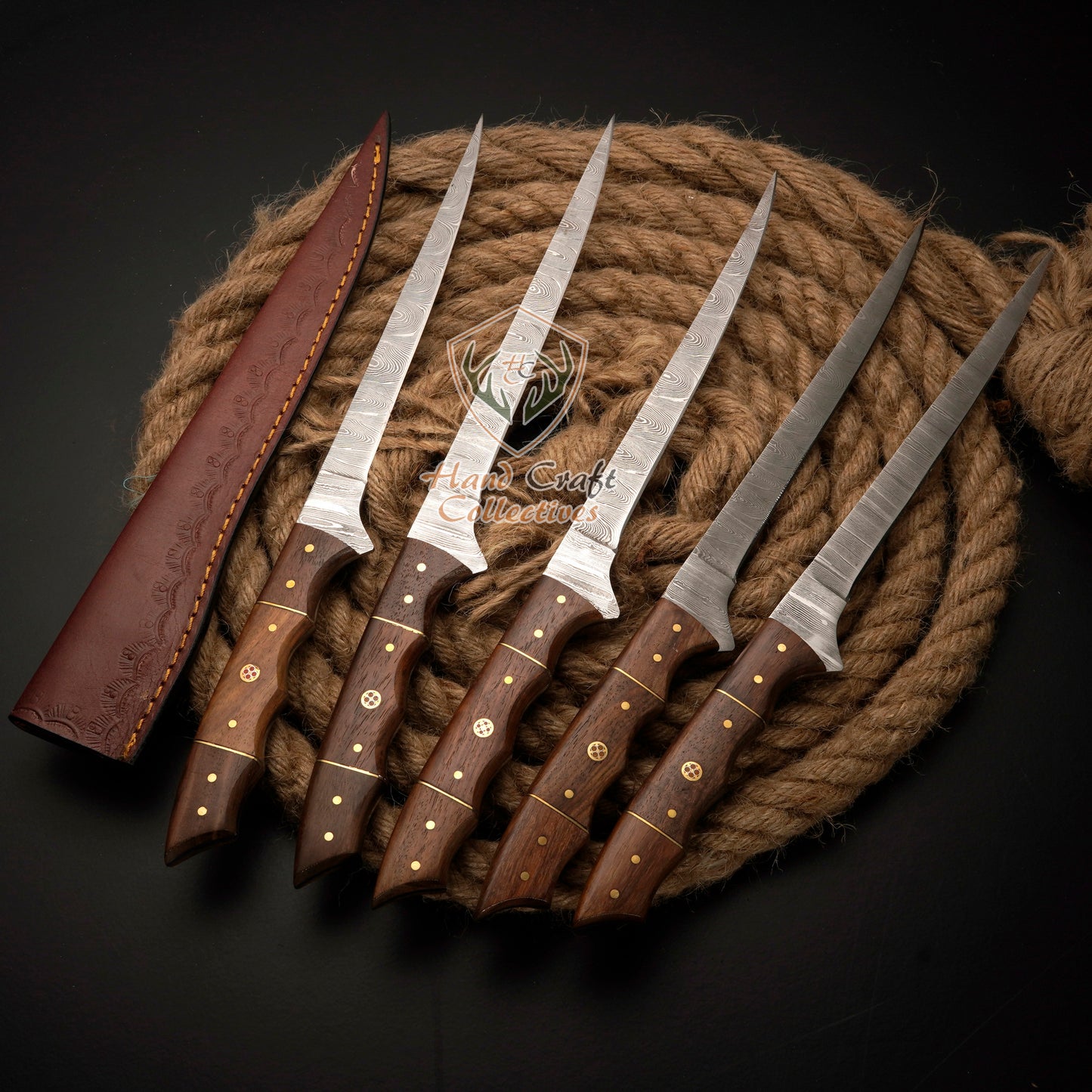 Handmade Damascus Steel Fillet Knife Set – 13" with Rose Wood Handle & Leather Sheath -F-9 5 PC SET