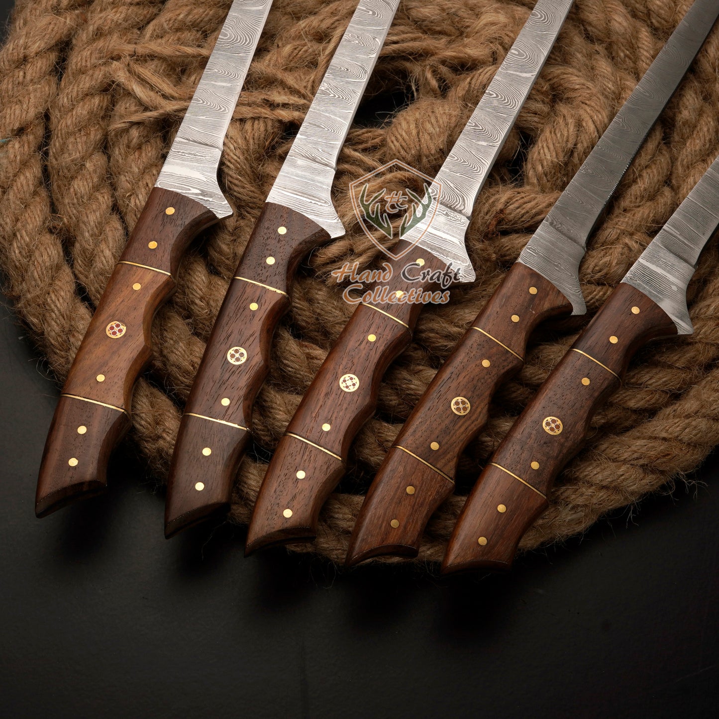 Handmade Damascus Steel Fillet Knife Set – 13" with Rose Wood Handle & Leather Sheath -F-9 5 PC SET