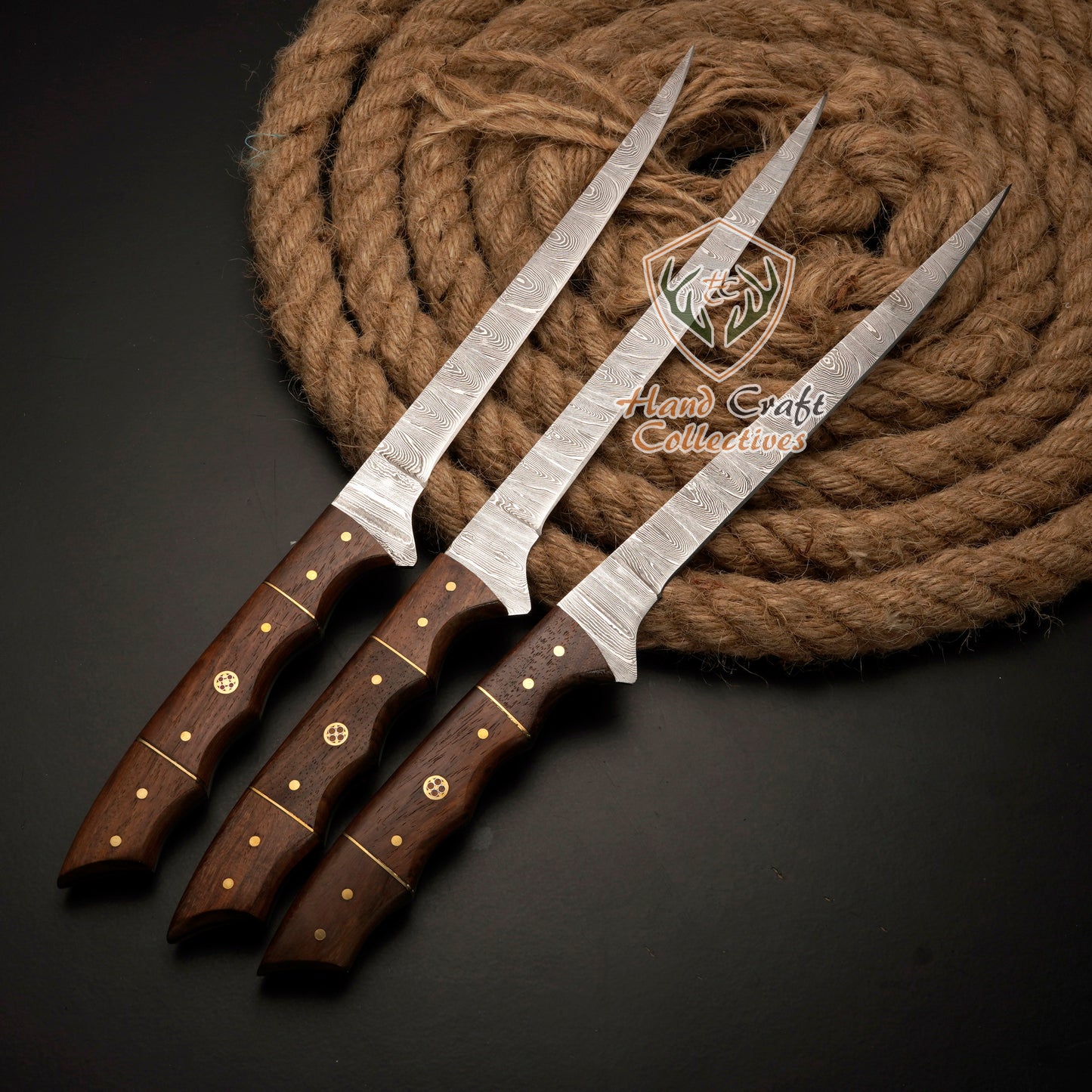 Handmade Damascus Steel Fillet Knife – 13" with Rose WoodHandle & Leather Sheath -F-9 3 PC SET