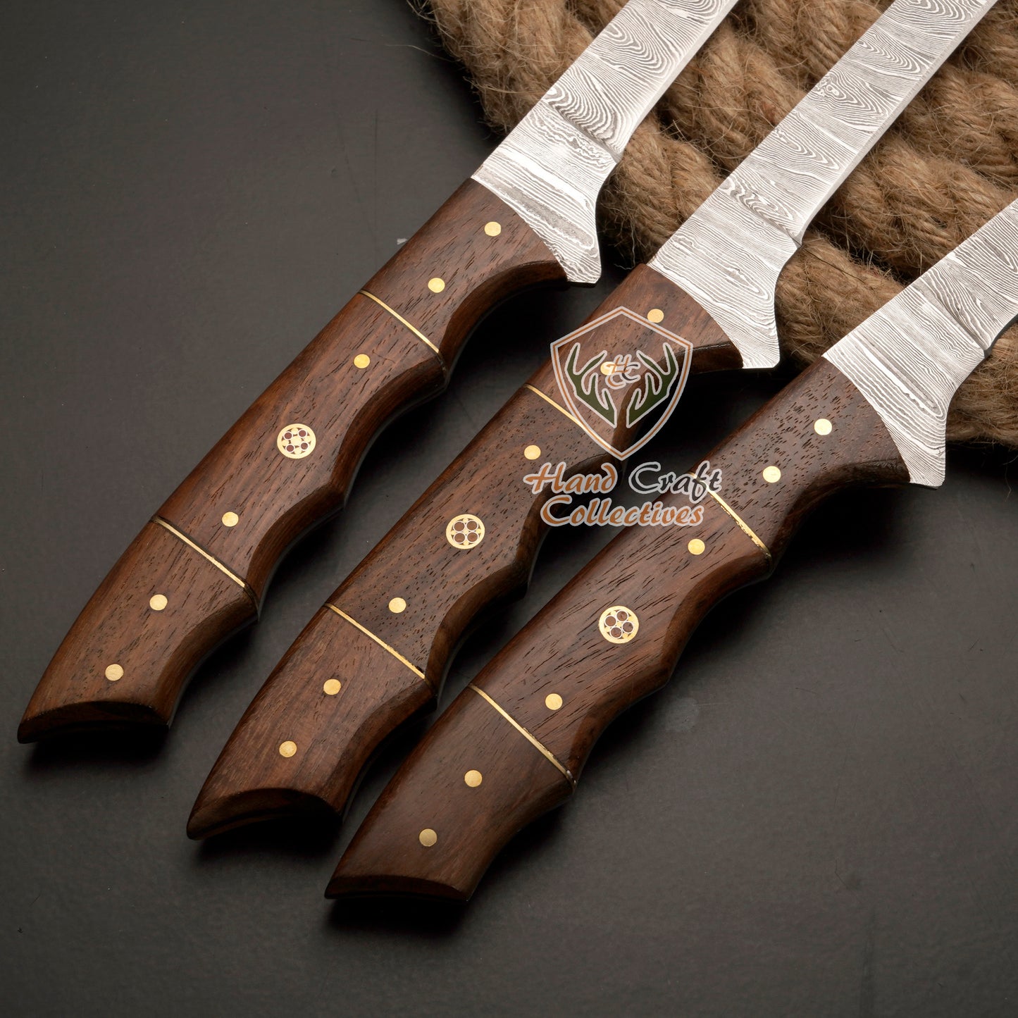 Handmade Damascus Steel Fillet Knife – 13" with Rose WoodHandle & Leather Sheath -F-9 3 PC SET