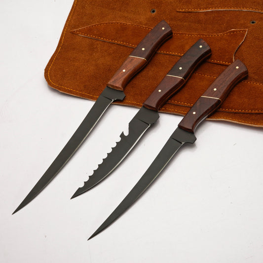 3 Pc Handmade Carbon Steel Powder coated Fillet Knife set With Leather Roll kit best Anniversary Gift for Men (Copy)
