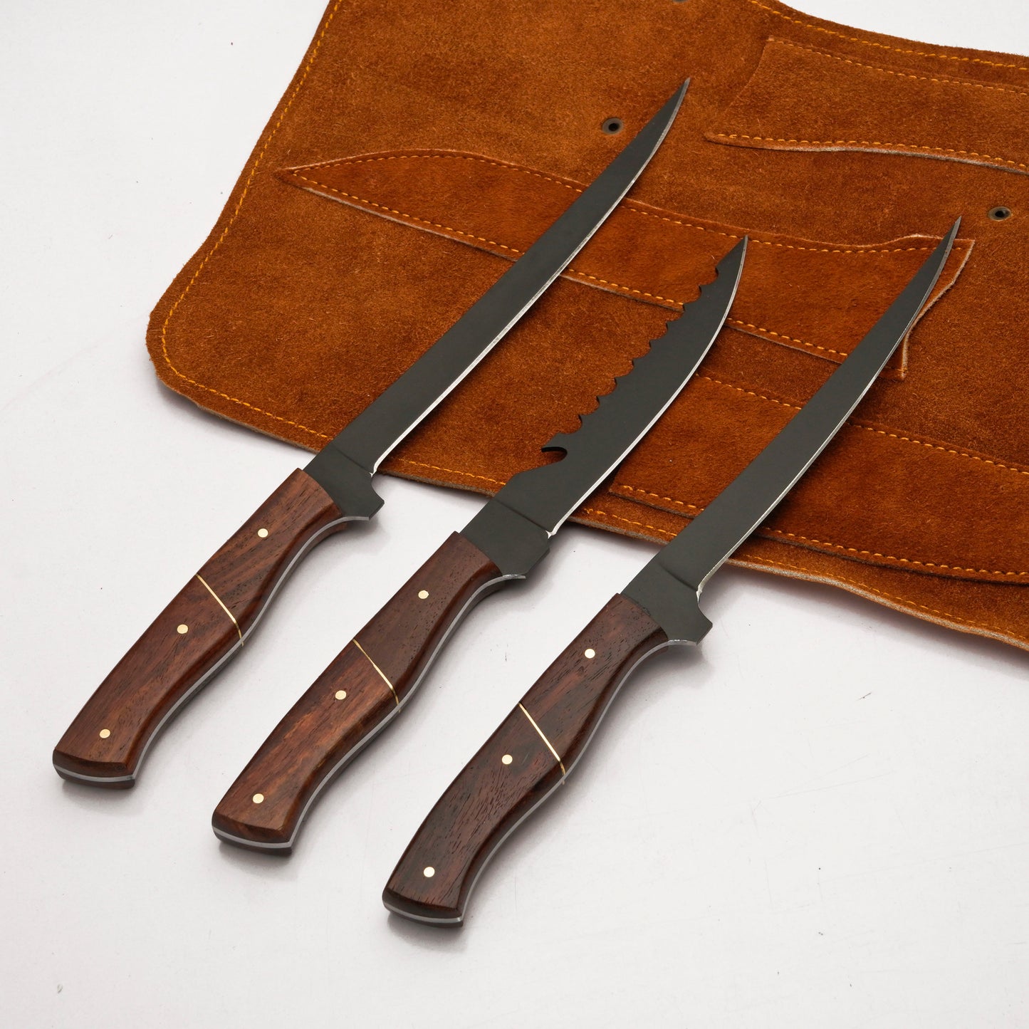 3 Pc Handmade Carbon Steel Powder coated Fillet Knife set With Leather Roll kit best Anniversary Gift for Men (Copy)