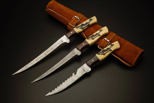 3 Pc Fillet Knife set Handmade Damascus Steel Fishing Knife Best Gift For Fishing Lover Personalized Knife Anniversary Gift For Husband (Copy)