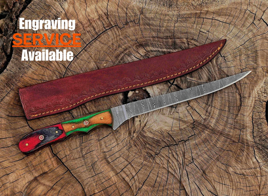 Handmade Damascus Steel Fillet Knife – 13" with Exotic Wood Handle & Leather Sheath UF-24