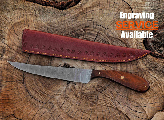 Handmade Damascus Steel Fillet Knife – 13" with Rose Wood Handle & Leather Sheath UF-26