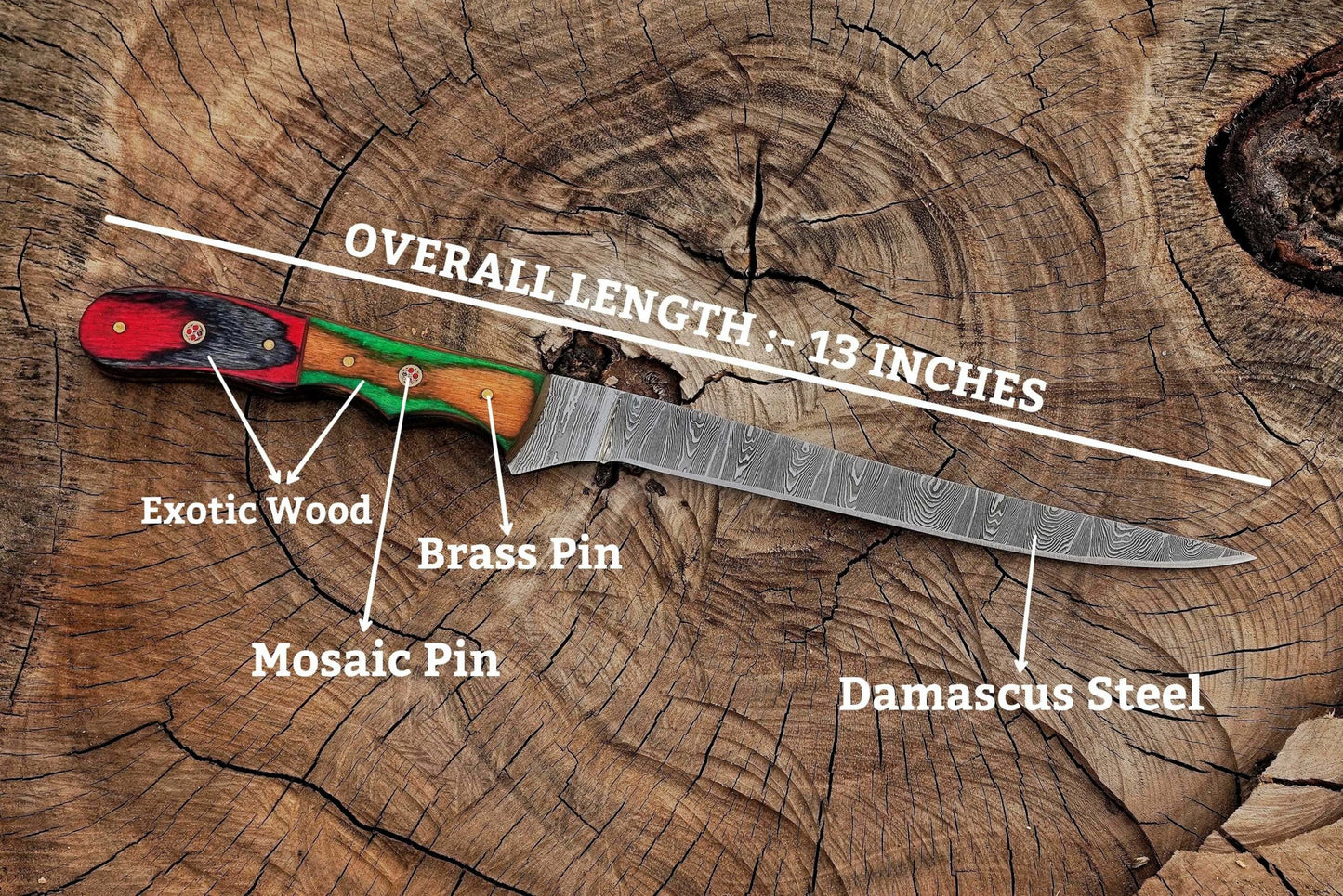 Handmade Damascus Steel Fillet Knife – 13" with Exotic Wood Handle & Leather Sheath UF-24