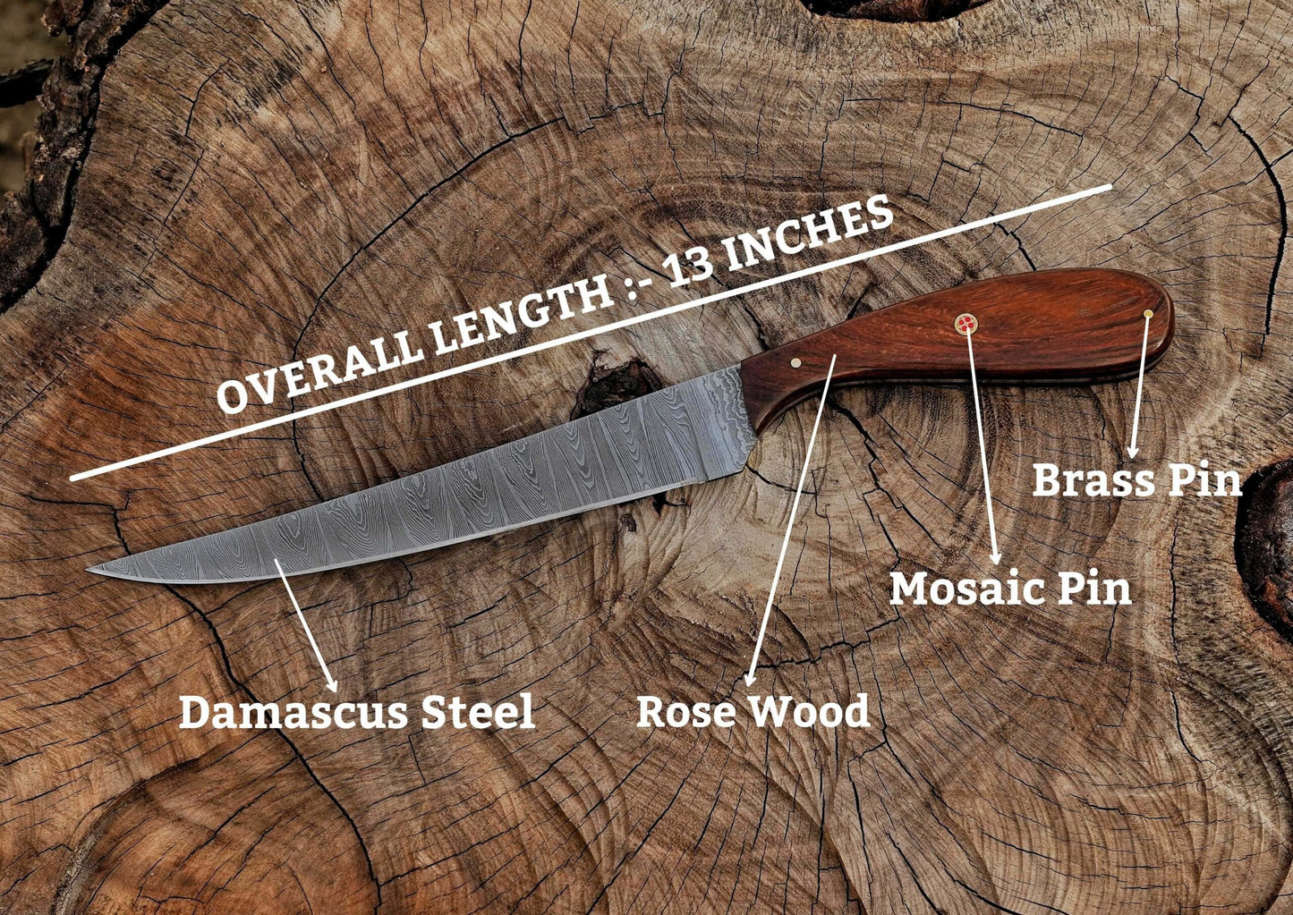 Handmade Damascus Steel Fillet Knife – 13" with Rose Wood Handle & Leather Sheath UF-26