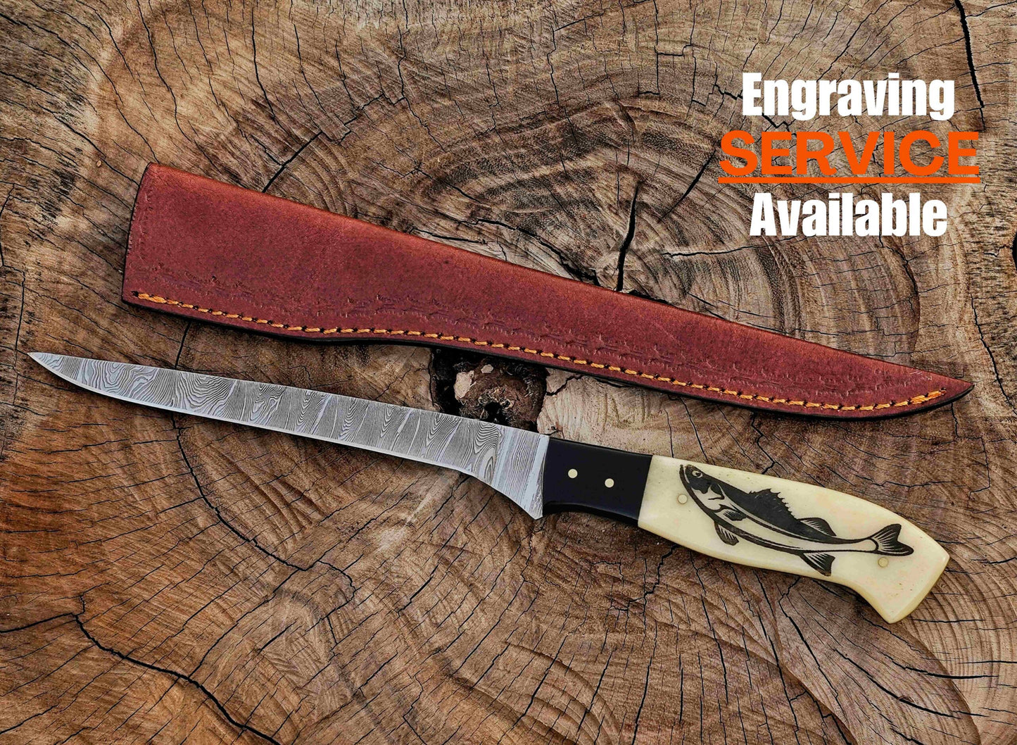 Handmade Damascus Steel Fillet Knife – 12" with black horn & camel bone Handle & Leather Sheath UF-23