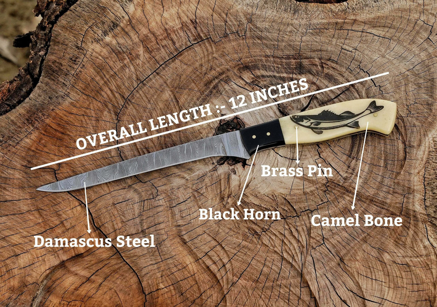 Handmade Damascus Steel Fillet Knife – 12" with black horn & camel bone Handle & Leather Sheath UF-23
