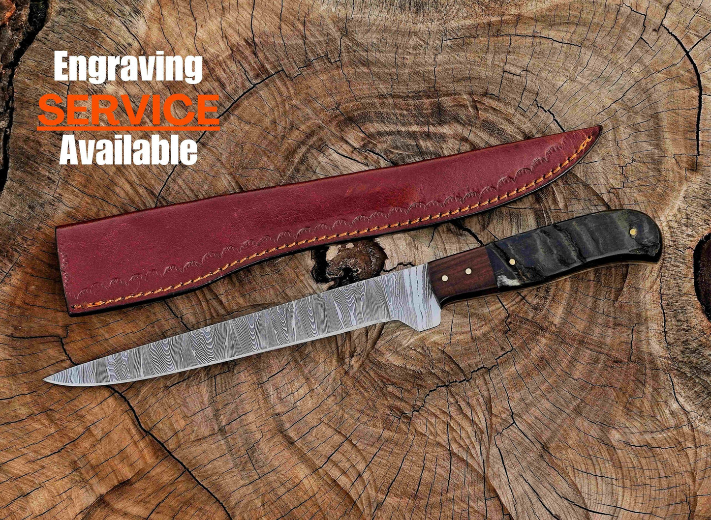 Handmade Damascus Steel Fillet Knife – 13" with Ram Horn & Rose Wood Handle & Leather Sheath UF-25