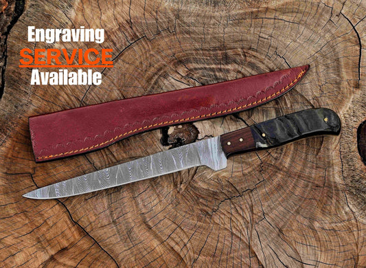 Handmade Damascus Steel Fillet Knife – 13" with Ram Horn & Rose Wood Handle & Leather Sheath UF-25