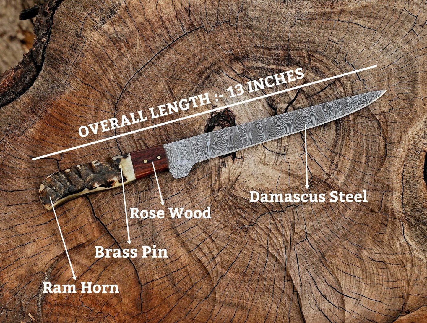 Handmade Damascus Steel Fillet Knife – 13" with Ram Horn & Rose Wood Handle & Leather Sheath UF-25