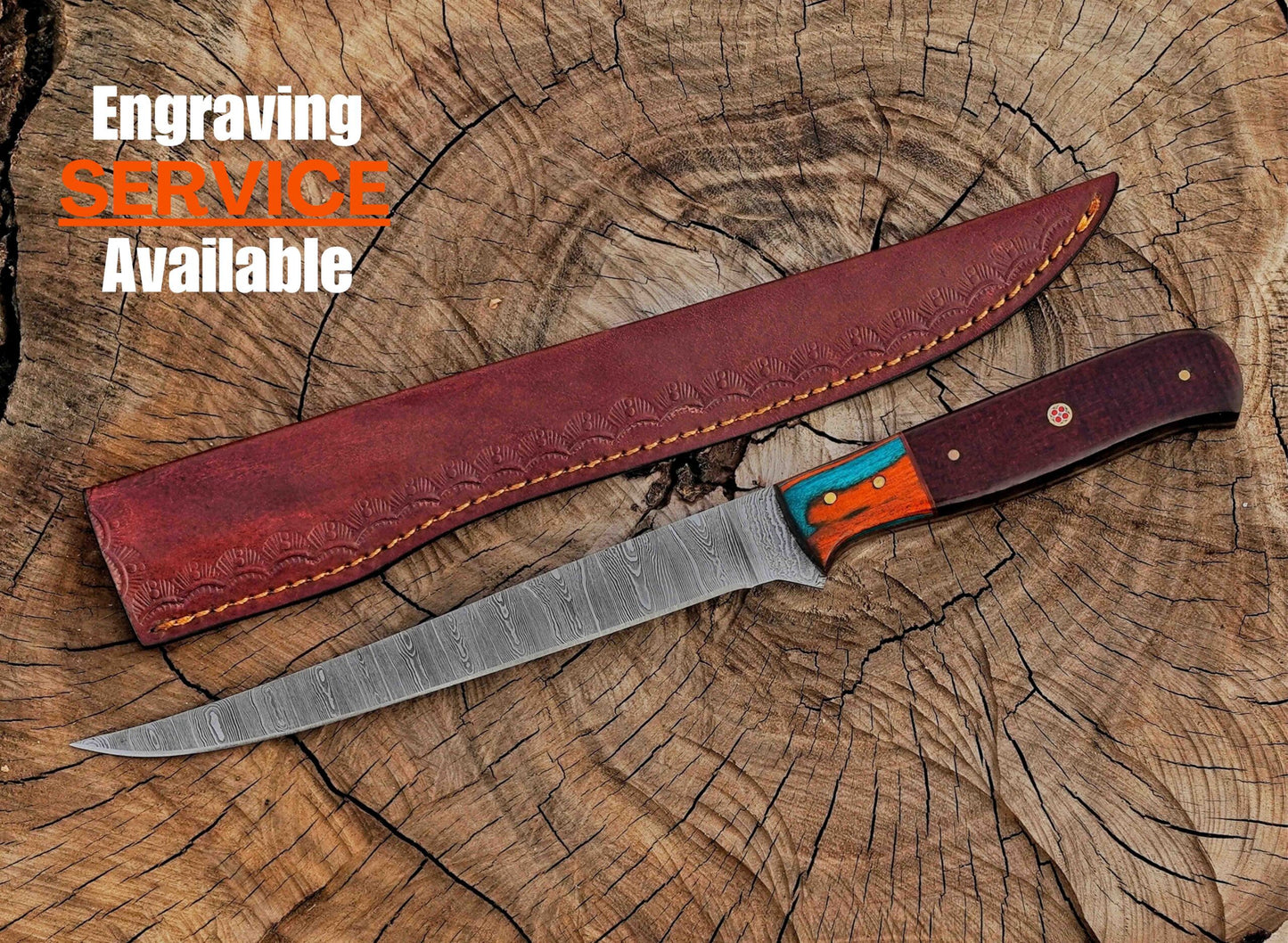 Handmade Damascus Steel Fillet Knife – 13" with Exotic & Micarta Wood Handle & Leather Sheath UF-31