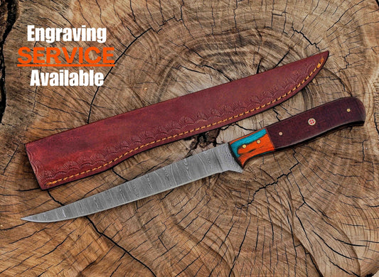 Handmade Damascus Steel Fillet Knife – 13" with Exotic & Micarta Wood Handle & Leather Sheath UF-31