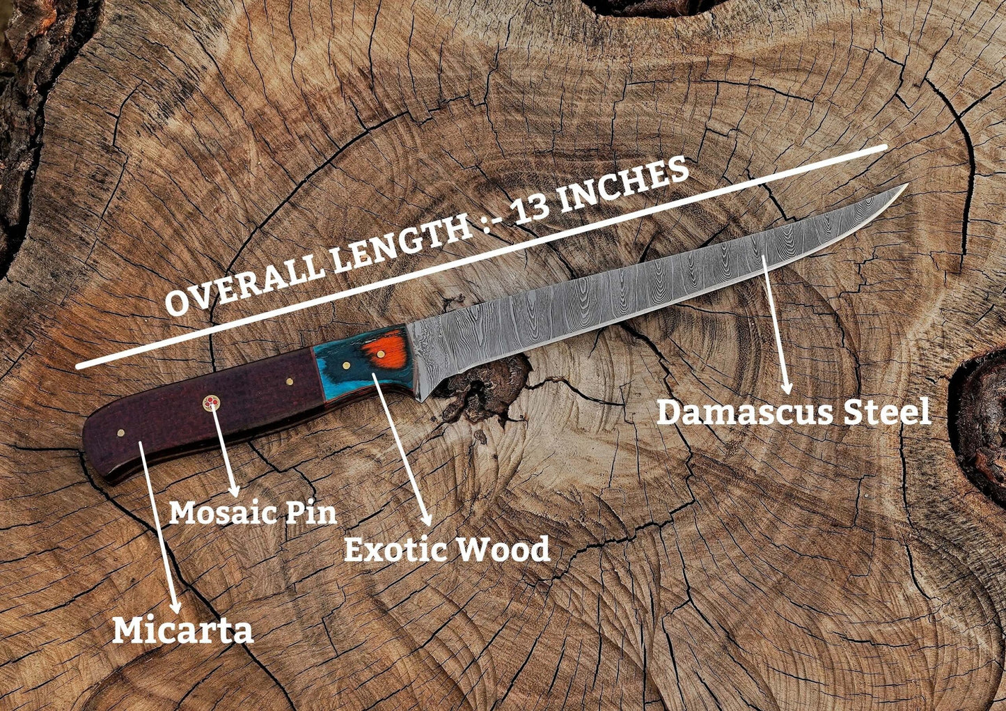 Handmade Damascus Steel Fillet Knife – 13" with Exotic & Micarta Wood Handle & Leather Sheath UF-31