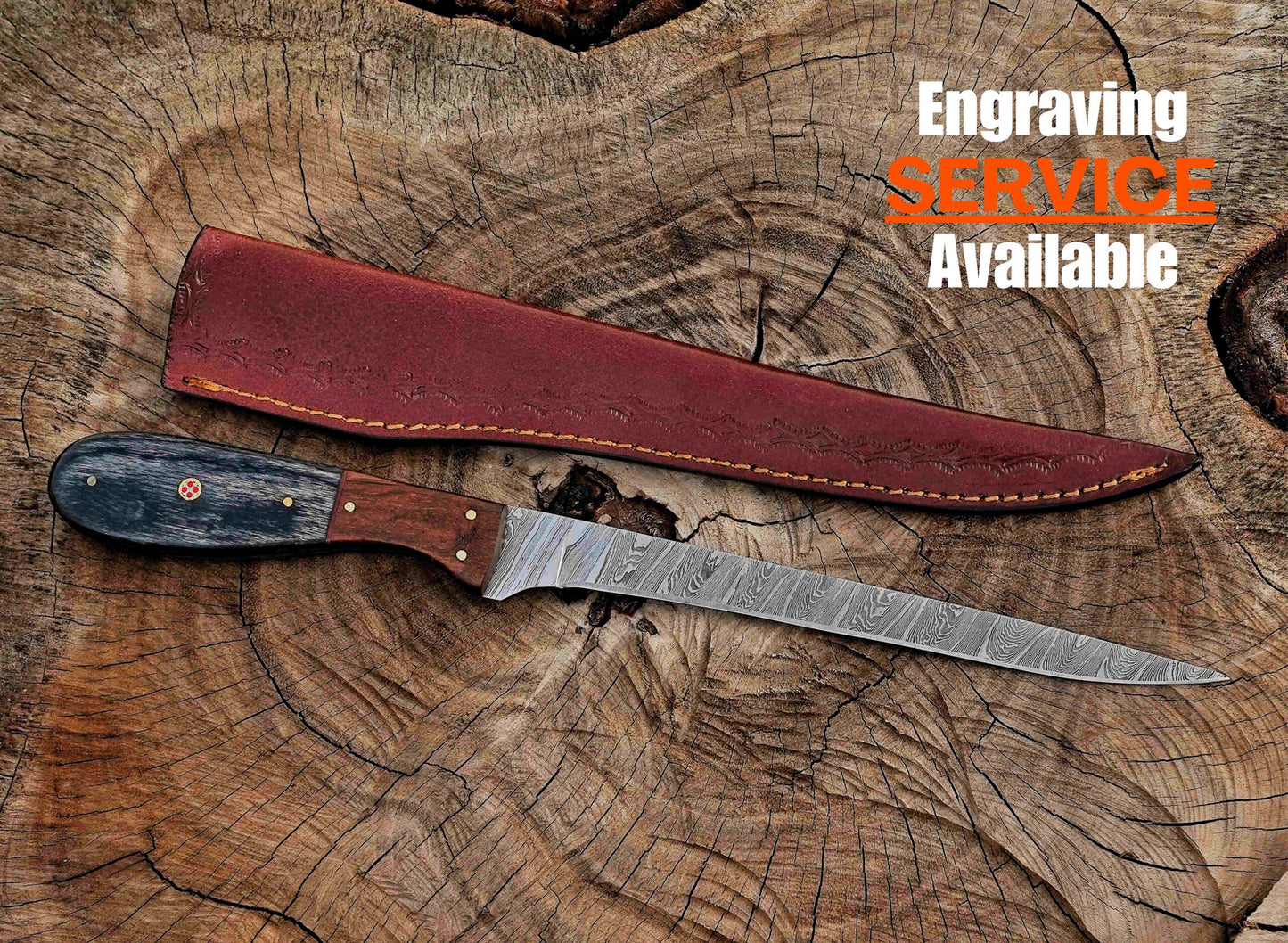 Handmade Damascus Steel Fillet Knife – 13" with rose & exotic wood Handle & Leather Sheath UF-22