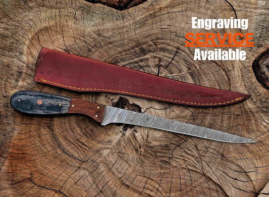 Handmade Damascus Steel Fillet Knife – 13" with rose & exotic wood Handle & Leather Sheath UF-22