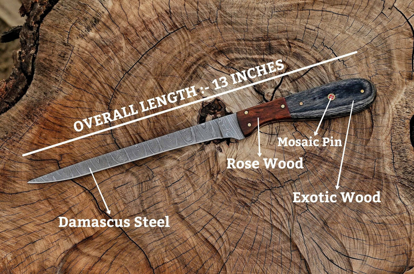 Handmade Damascus Steel Fillet Knife – 13" with rose & exotic wood Handle & Leather Sheath UF-22