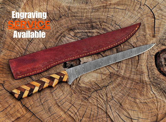 Handmade Damascus Steel Fillet Knife – 13" with Rose & Olive Wood Handle & Leather Sheath UF-28