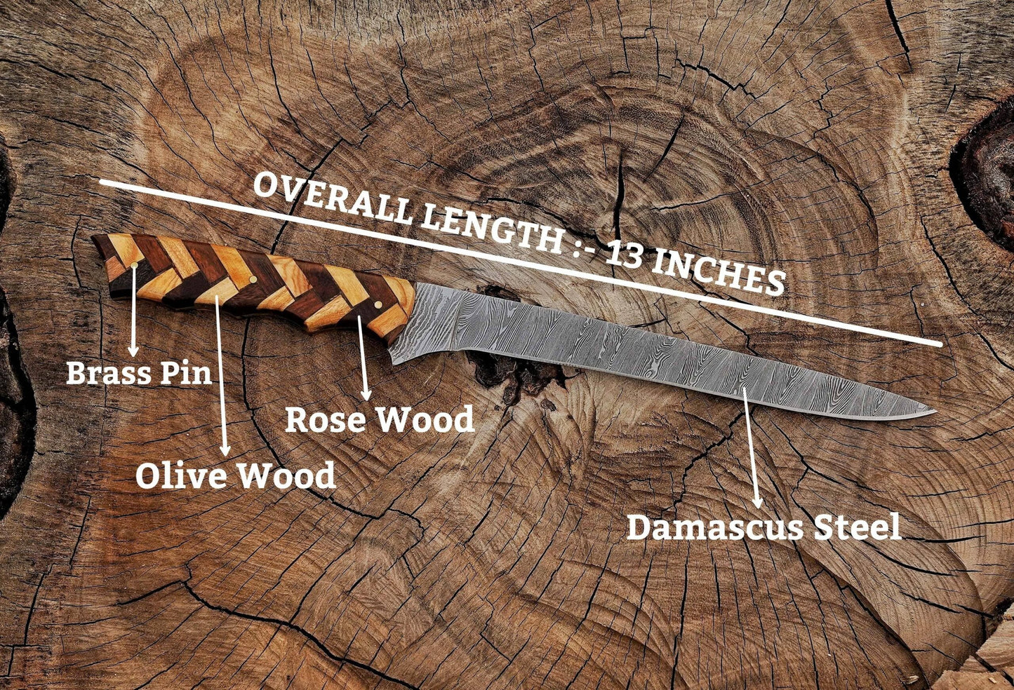 Handmade Damascus Steel Fillet Knife – 13" with Rose & Olive Wood Handle & Leather Sheath UF-28