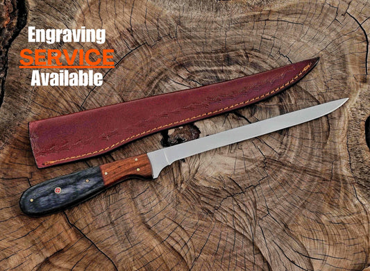 Handmade Stainless Steel Fillet Knife – 12" with Pakka Wood Handle & Leather Sheath UF-32