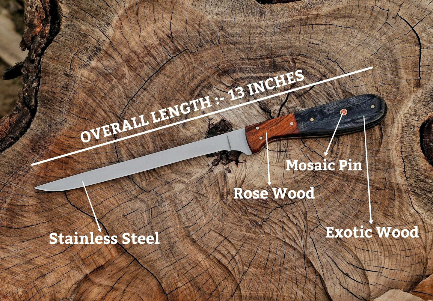 Handmade Stainless Steel Fillet Knife – 12" with Pakka Wood Handle & Leather Sheath UF-32