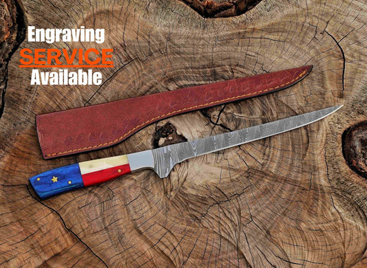 Handmade Damascus Steel Fillet Knife – 13" with Camel Bone, Exotic Wood & Steel Bolster Handle & Leather Sheath UF-27