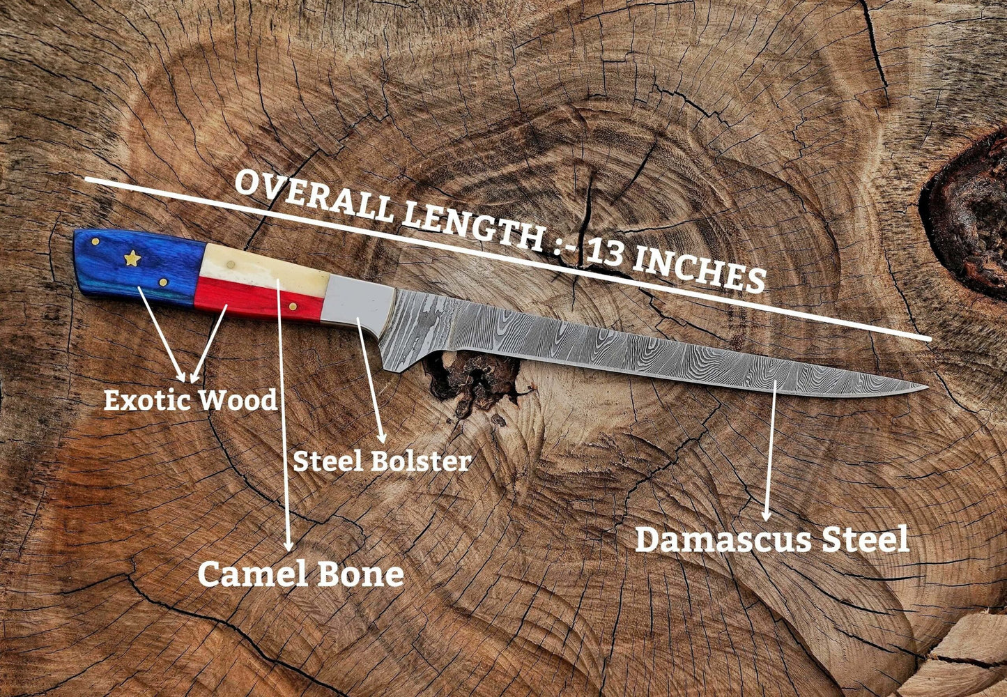 Handmade Damascus Steel Fillet Knife – 13" with Camel Bone, Exotic Wood & Steel Bolster Handle & Leather Sheath UF-27