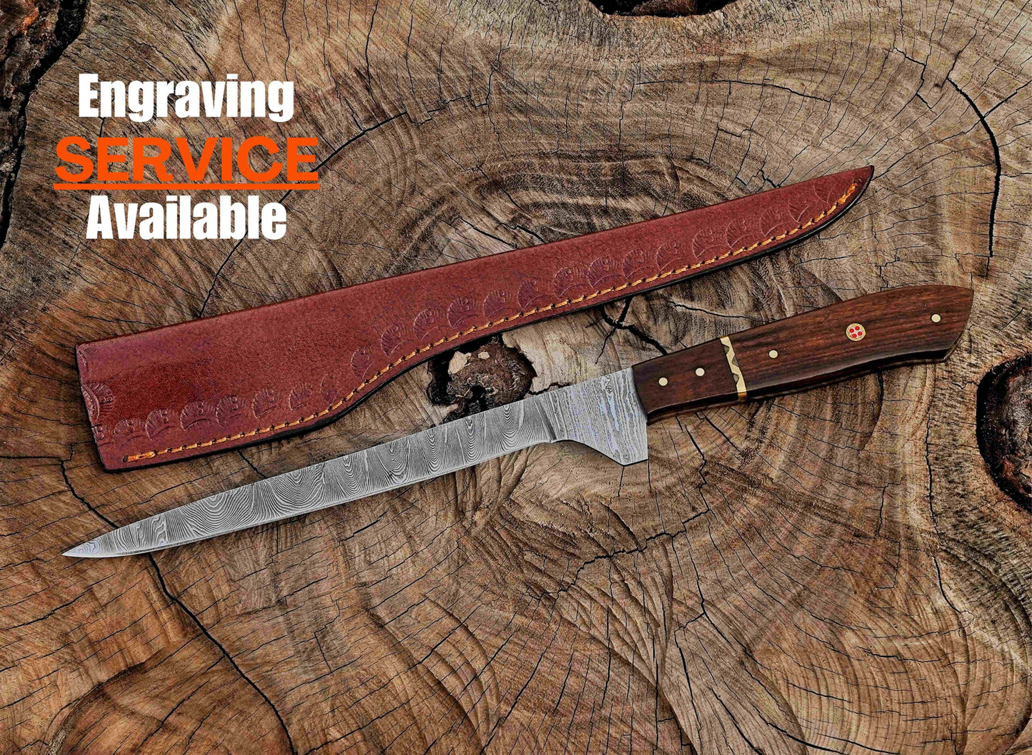 Handmade Damascus Steel Fillet Knife – 13" with Rose Wood Handle & Leather Sheath UF-21