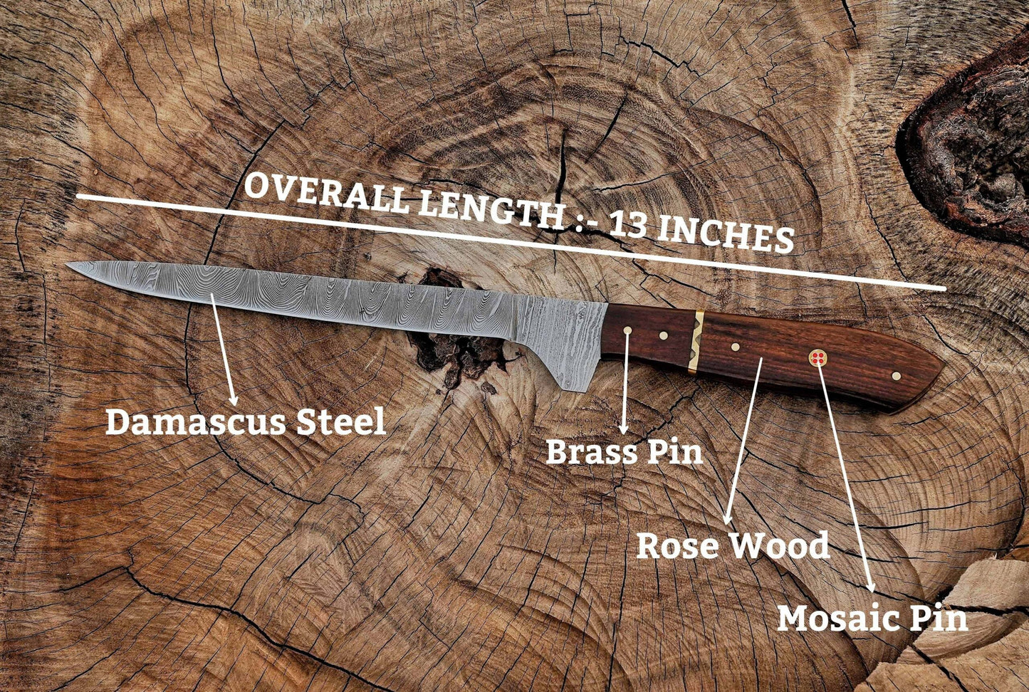 Handmade Damascus Steel Fillet Knife – 13" with Rose Wood Handle & Leather Sheath UF-21