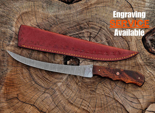 Handmade Damascus Steel Fillet Knife – 13" with Rose Wood Handle & Leather Sheath UF-29