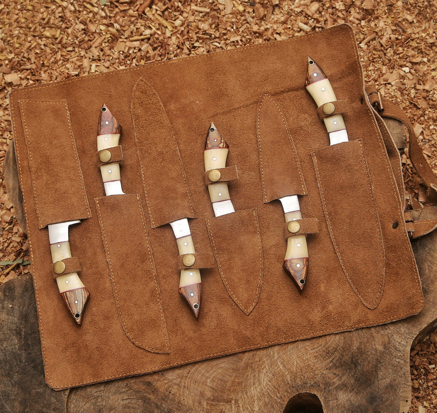 Custom Handmade Damascus Steel Chef Knife Set – Camel Bone & Exotic Wood Handle