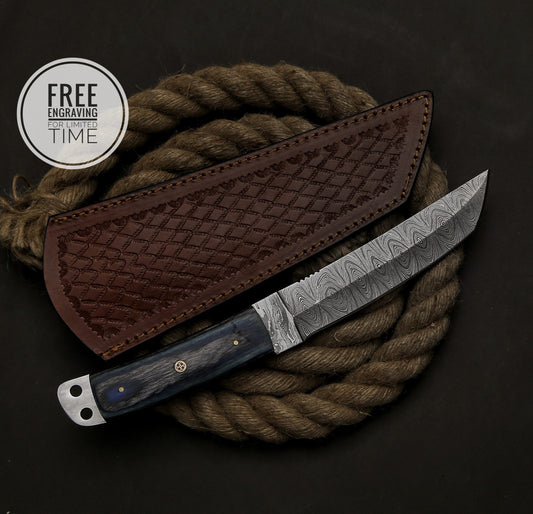 11" Custom Handmade Damascus Steel Tanto Knife Exotic Wood with Leather Sheath Anniversary Gift Wedding Personalized Engraved Knife Gift