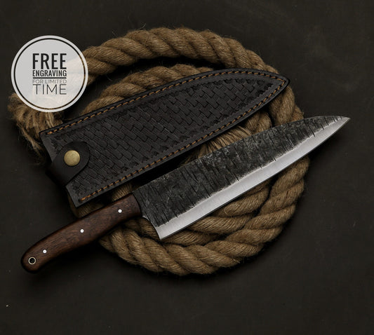 13" Custom Handmade Carbon Steel Chef Knife With Rose Wood Handle And Leather Sheath Gift For Husband Personalized Gift Kitchen Chef Knife
