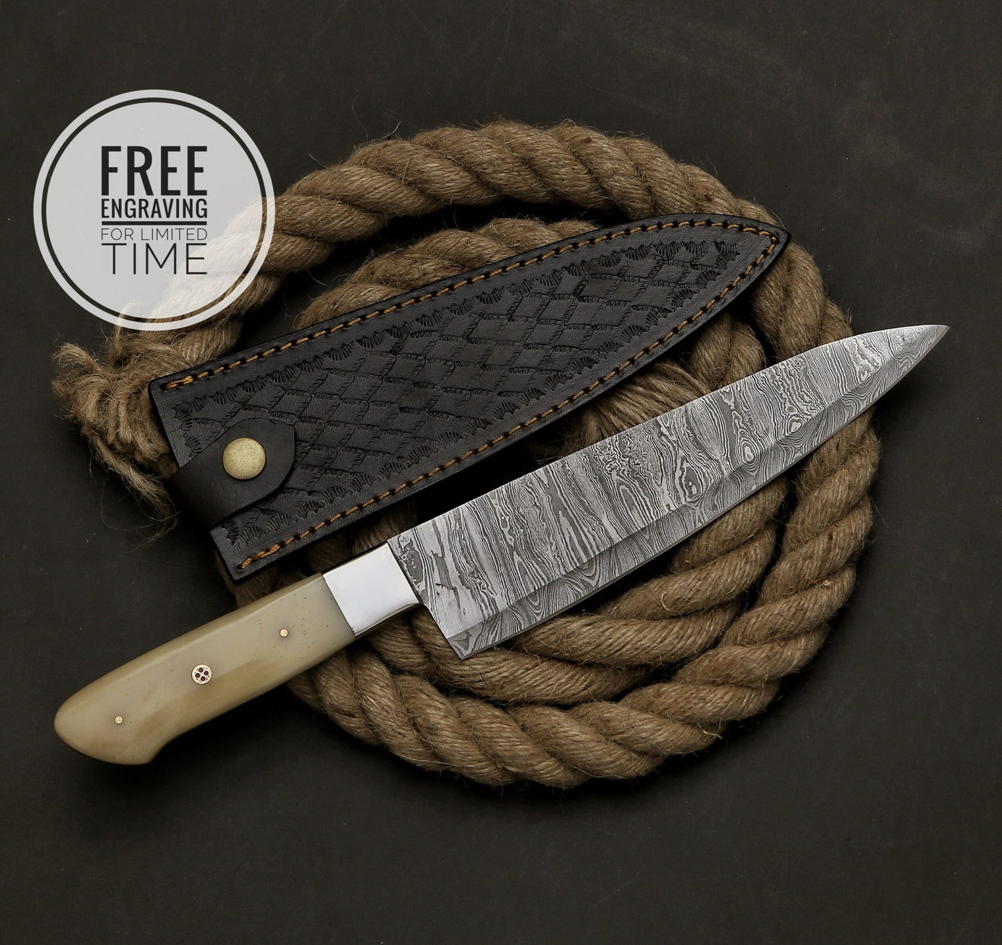 13" Custom Handmade Damascus Steel Chef Knife With Camel Bone And Steel Bolster Handle And Leather Sheath Anniversary Gift Kitchen Chef Knife