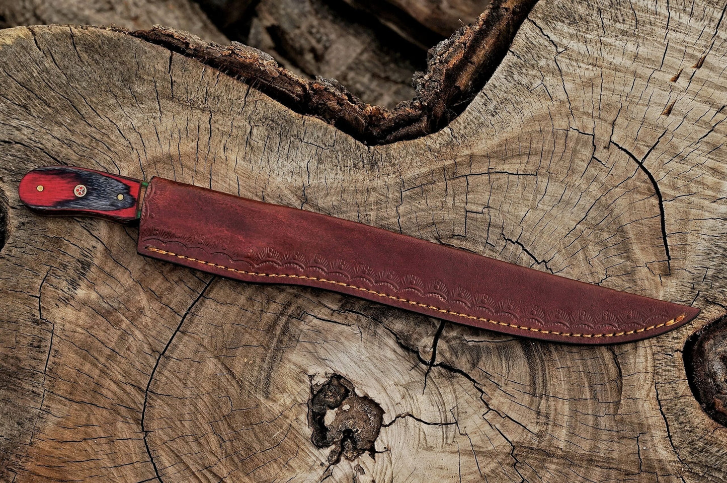 Handmade Damascus Steel Fillet Knife – 13" with Exotic Wood Handle & Leather Sheath UF-24
