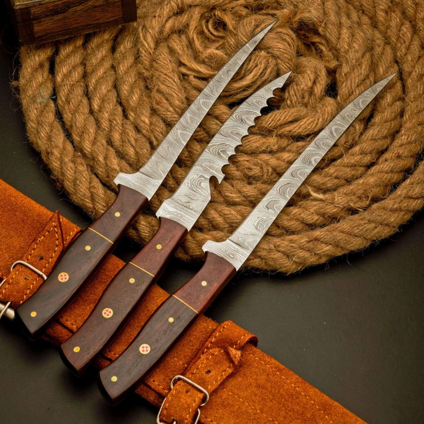 3 Pc Fillet Knife set Handmade Damascus Steel Fishing Knife Best Gift For Fishing Lover Personalized Knife Anniversary Gift For Husband